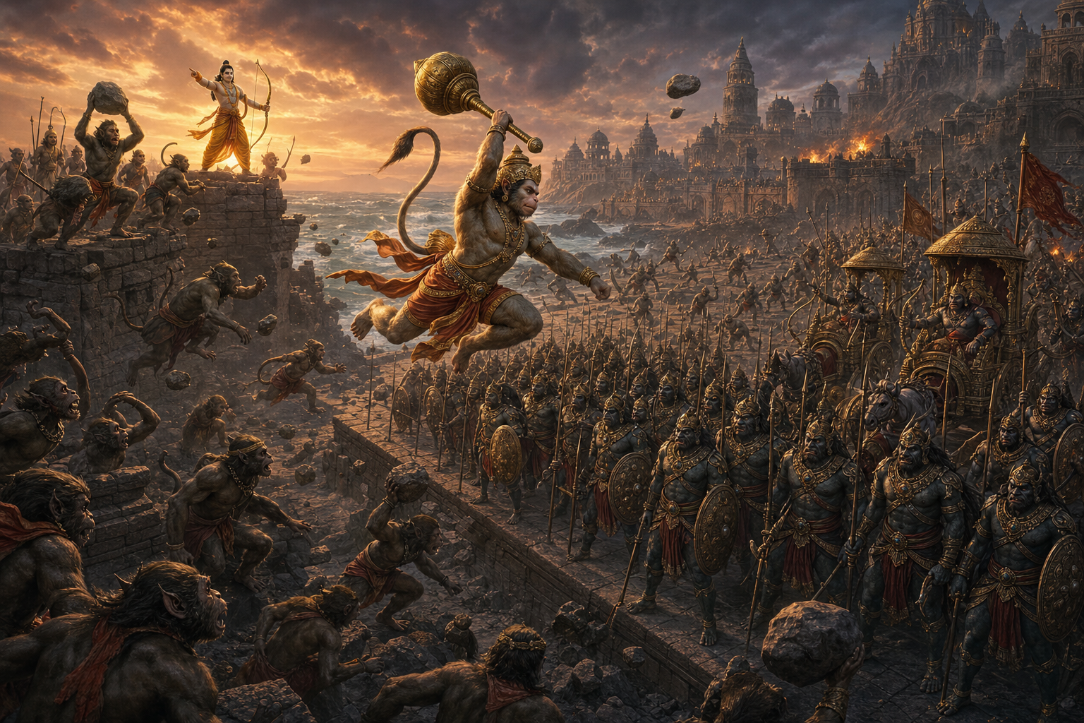 Mobile Vanara groups attack an armored Rakshasa formation from rocks, walls and multiple directions outside Lanka.