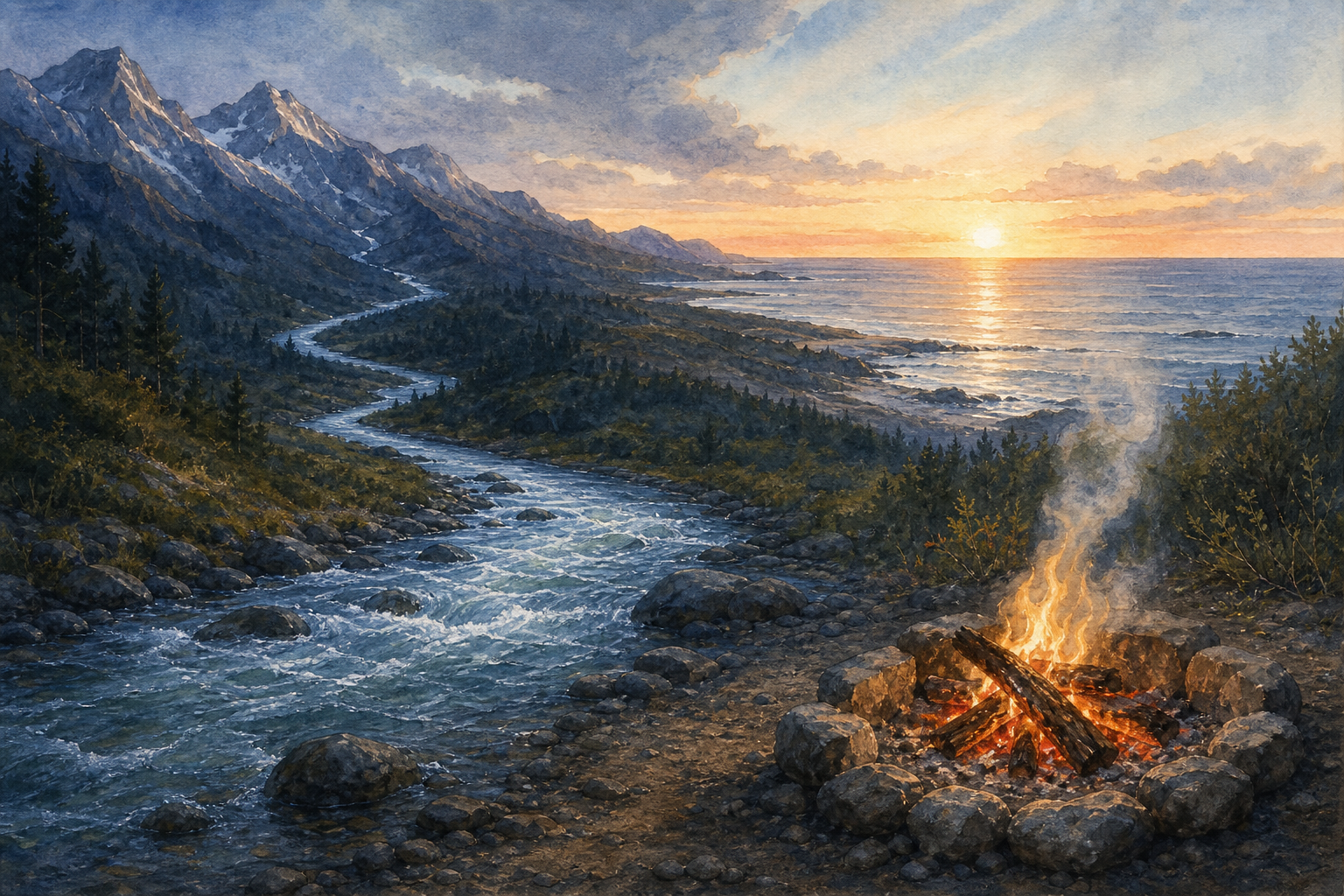 A mountain river flows toward a bright ocean while a small fire burns wood into embers and ash on the riverbank.