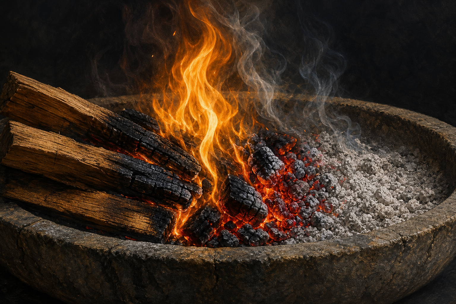 Wood burns in a stone basin, changing from rough pieces into flame, glowing embers, and pale ash.
