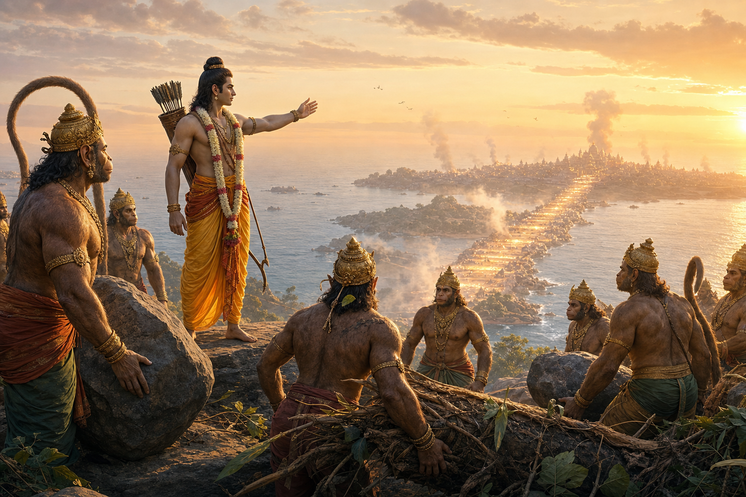 Rama calmly directs Hanuman and other Vanara commanders as they lower stones and branches on a sunrise battlefield.