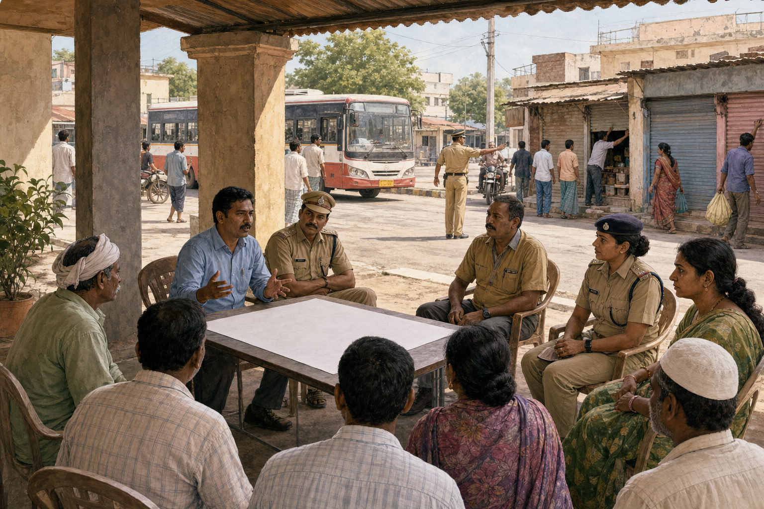 Residents, transport workers, police, and a local administrator coordinate beneath a veranda as shops and bus service resume nearby.