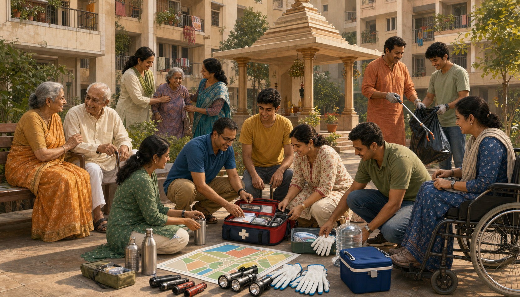 Residents of different ages organize first-aid supplies, water, flashlights, and cleaning tools in a shared community courtyard.