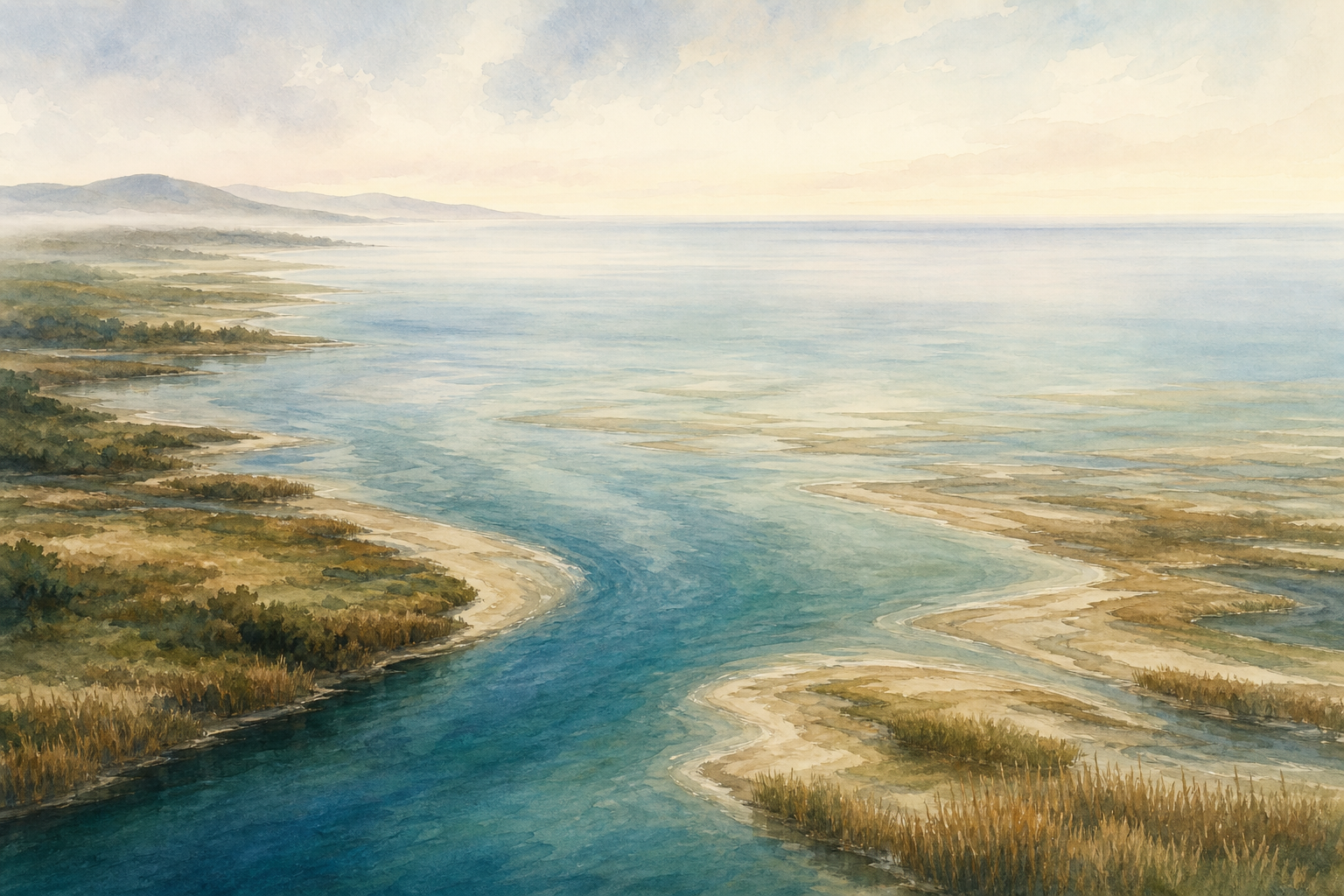 A broad river widens through an estuary and merges with the ocean beneath a softly lit morning sky.
