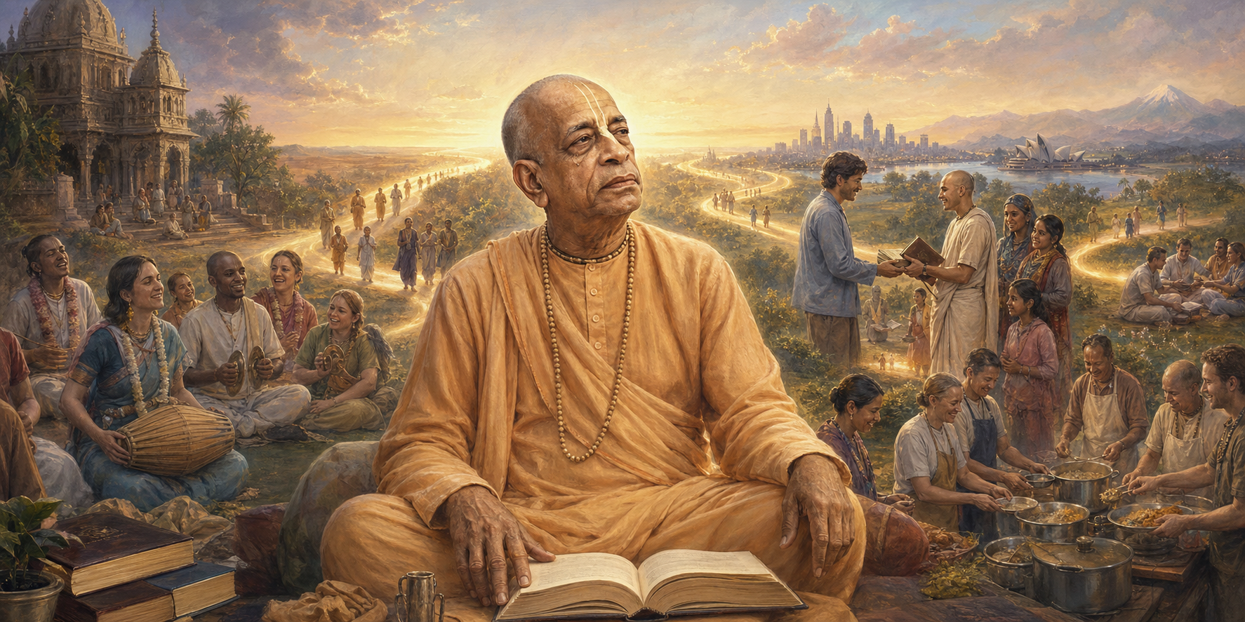Srila Prabhupada sits beside an open book while scenes of book sharing, kirtan, food service, and international communities unfold around him.