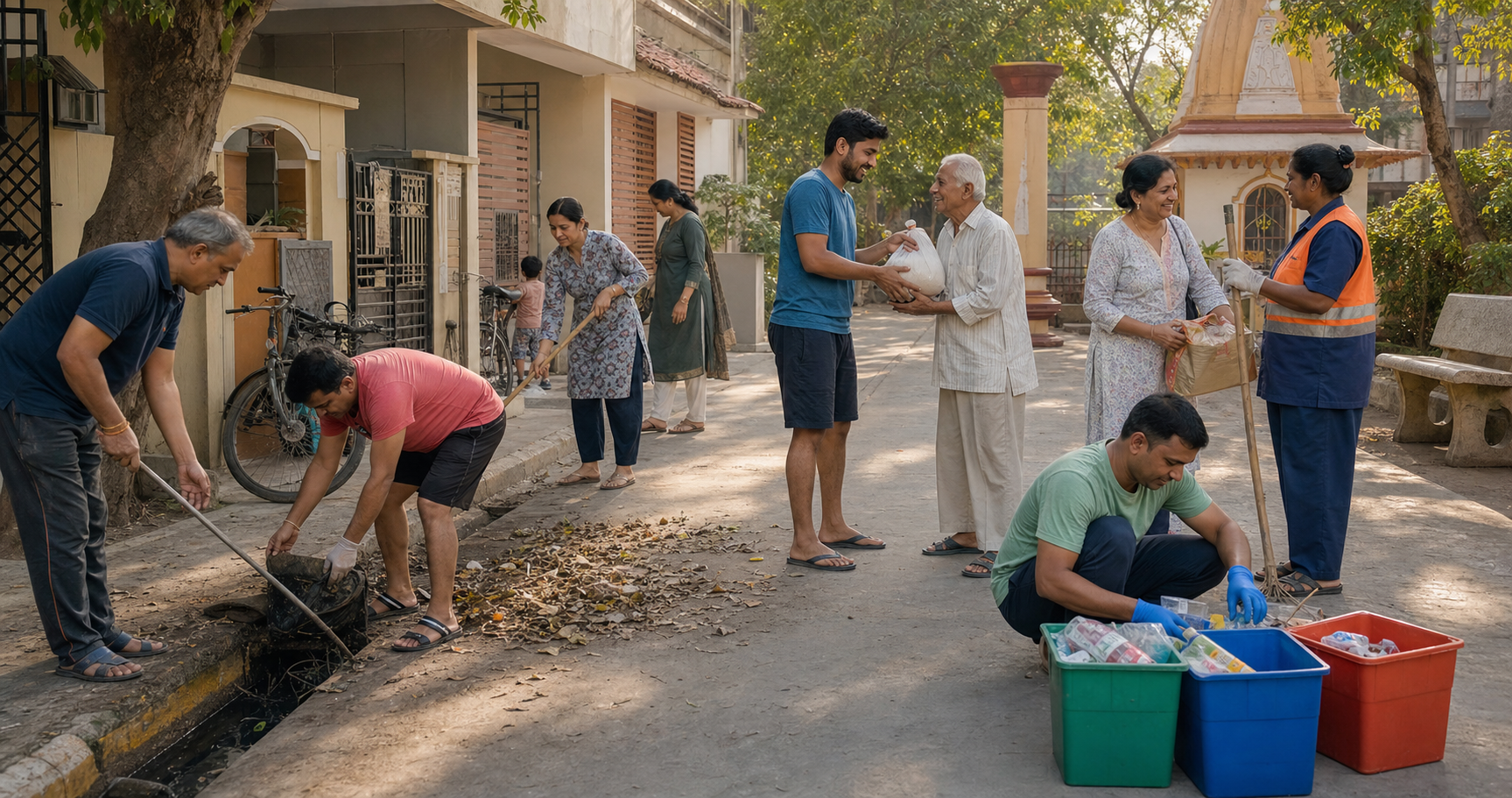 Community volunteers clean a neighbourhood lane, clear a drain, sort materials, and help an elderly resident carry groceries.
