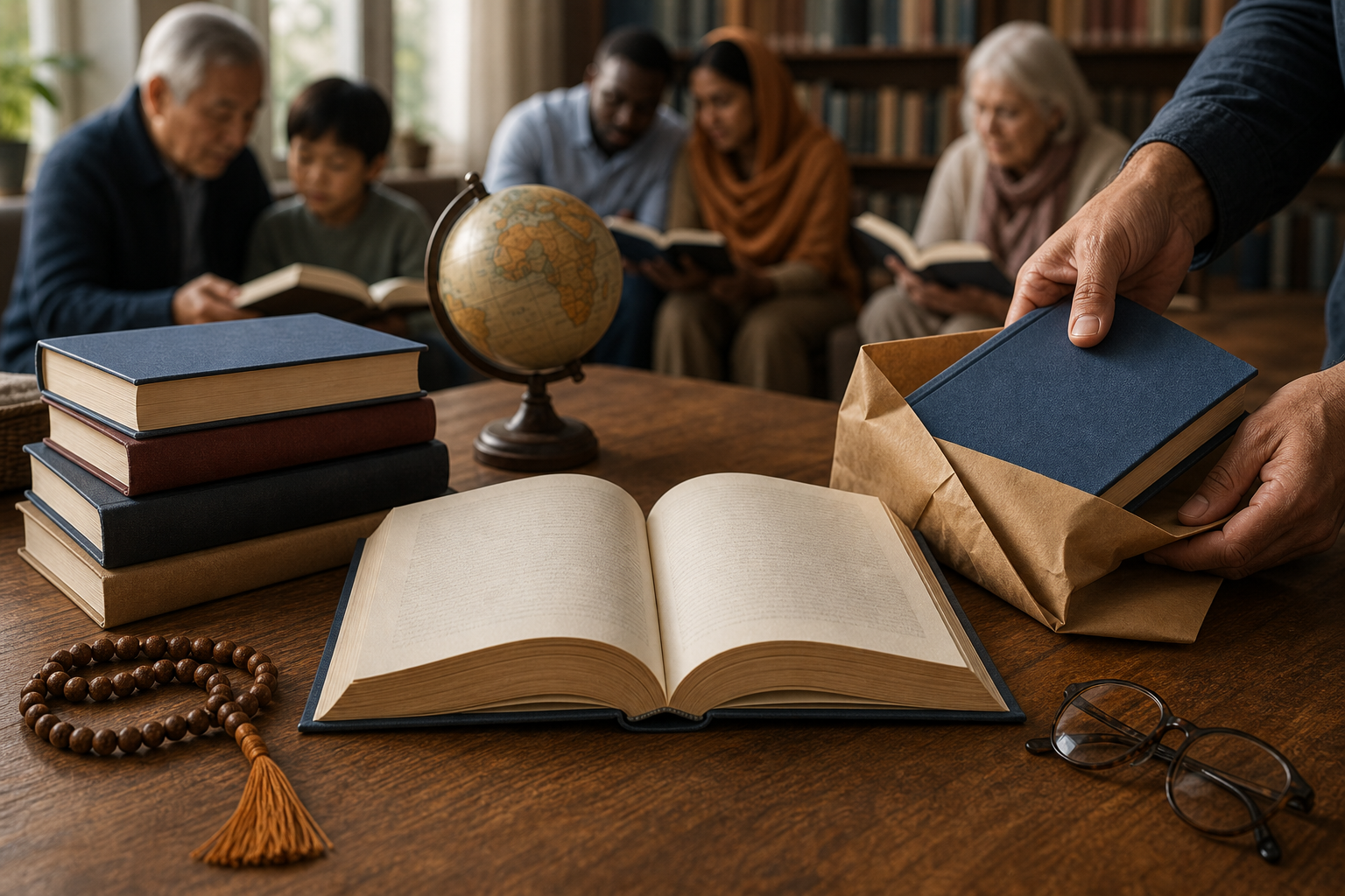 An open sacred book, stacked volumes, prayer beads, a globe, and a parcel sit on a wooden table while a diverse group reads in the background.