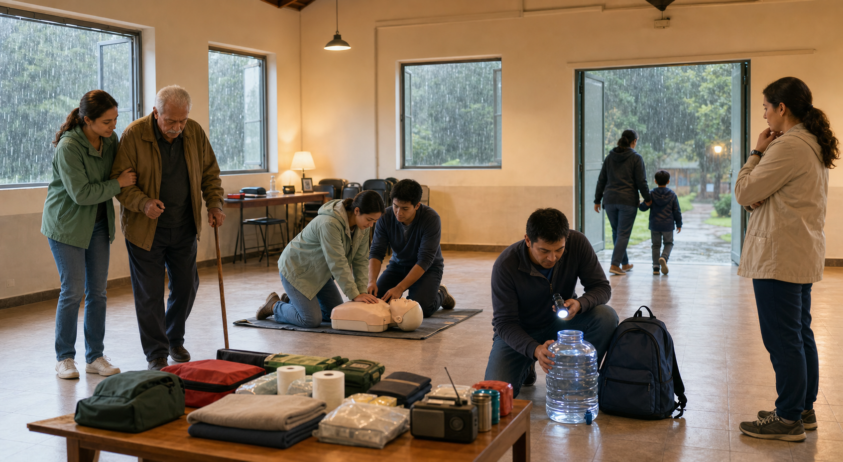 Volunteers rehearse first aid, support for an older resident, and an orderly exit inside a community hall during heavy rain.