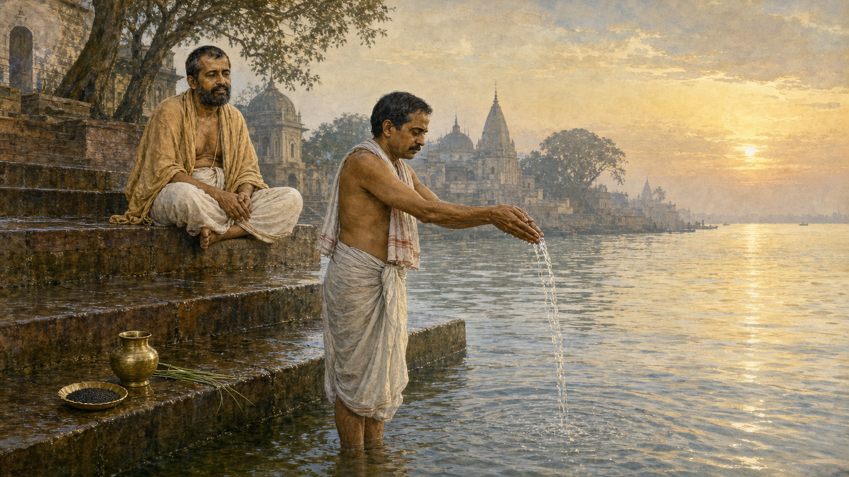 A Bengali householder offers water into the Ganges at dawn while Sri Ramakrishna sits on the stone river steps behind him.