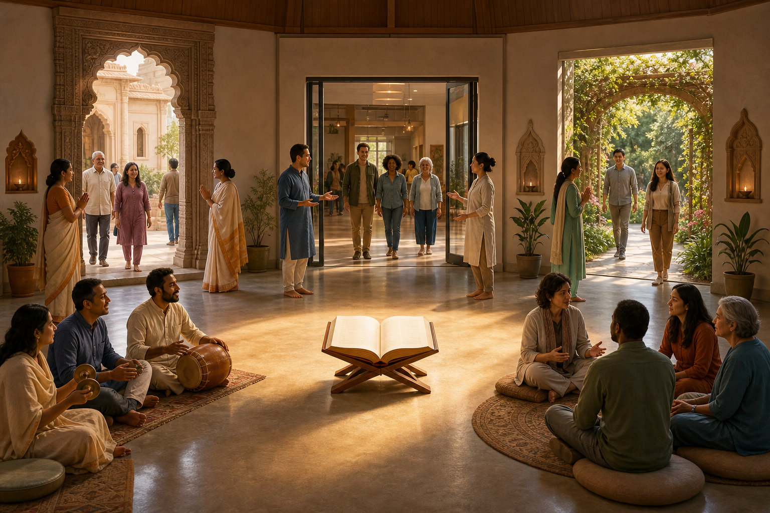 Visitors enter a community hall through different doorways and gather around an open sacred book, with hosts, musicians, and a discussion circle nearby.