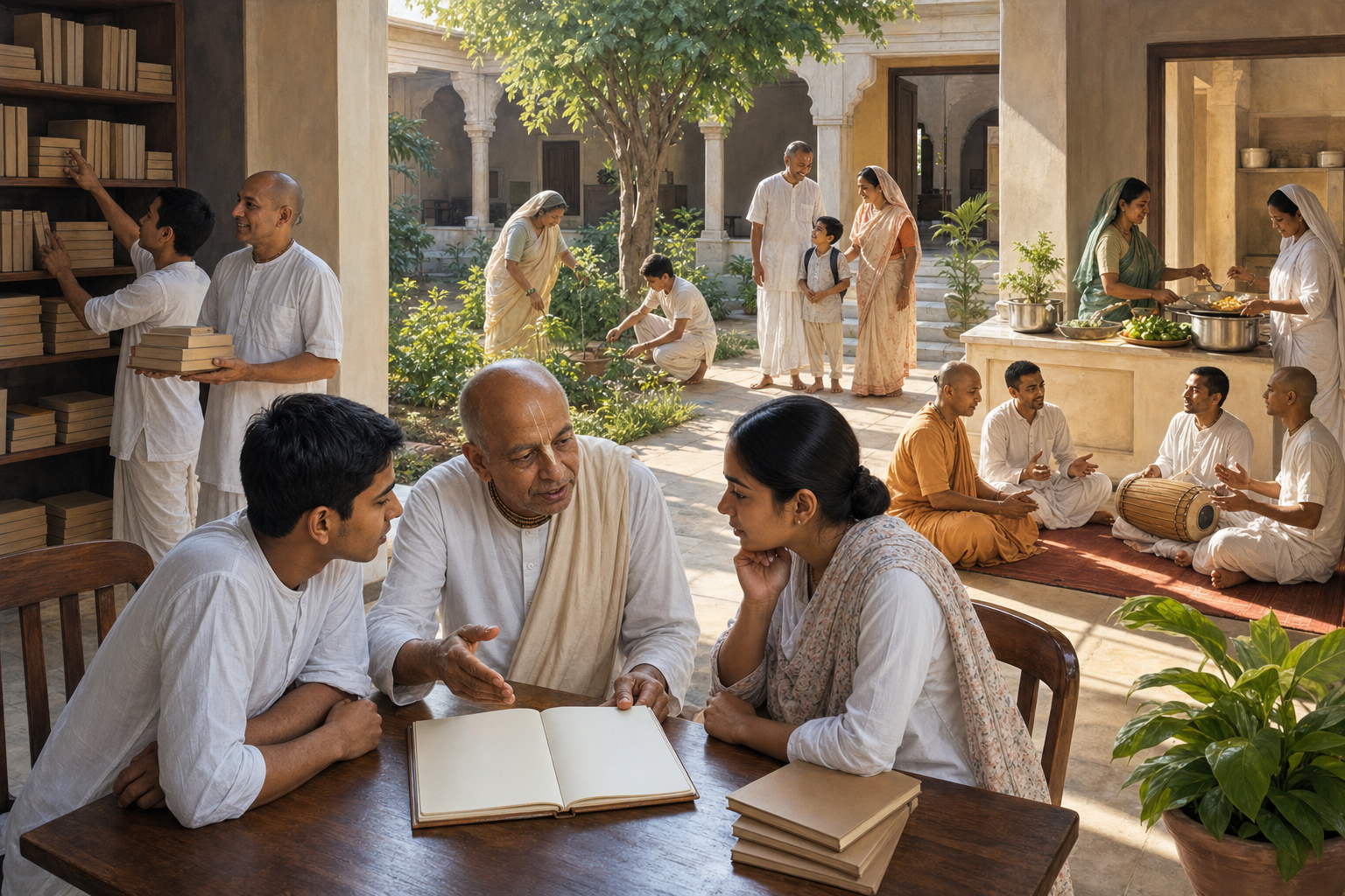 Senior and younger practitioners coordinate while community members organize books, cook food, welcome visitors, maintain a courtyard, and rehearse music.