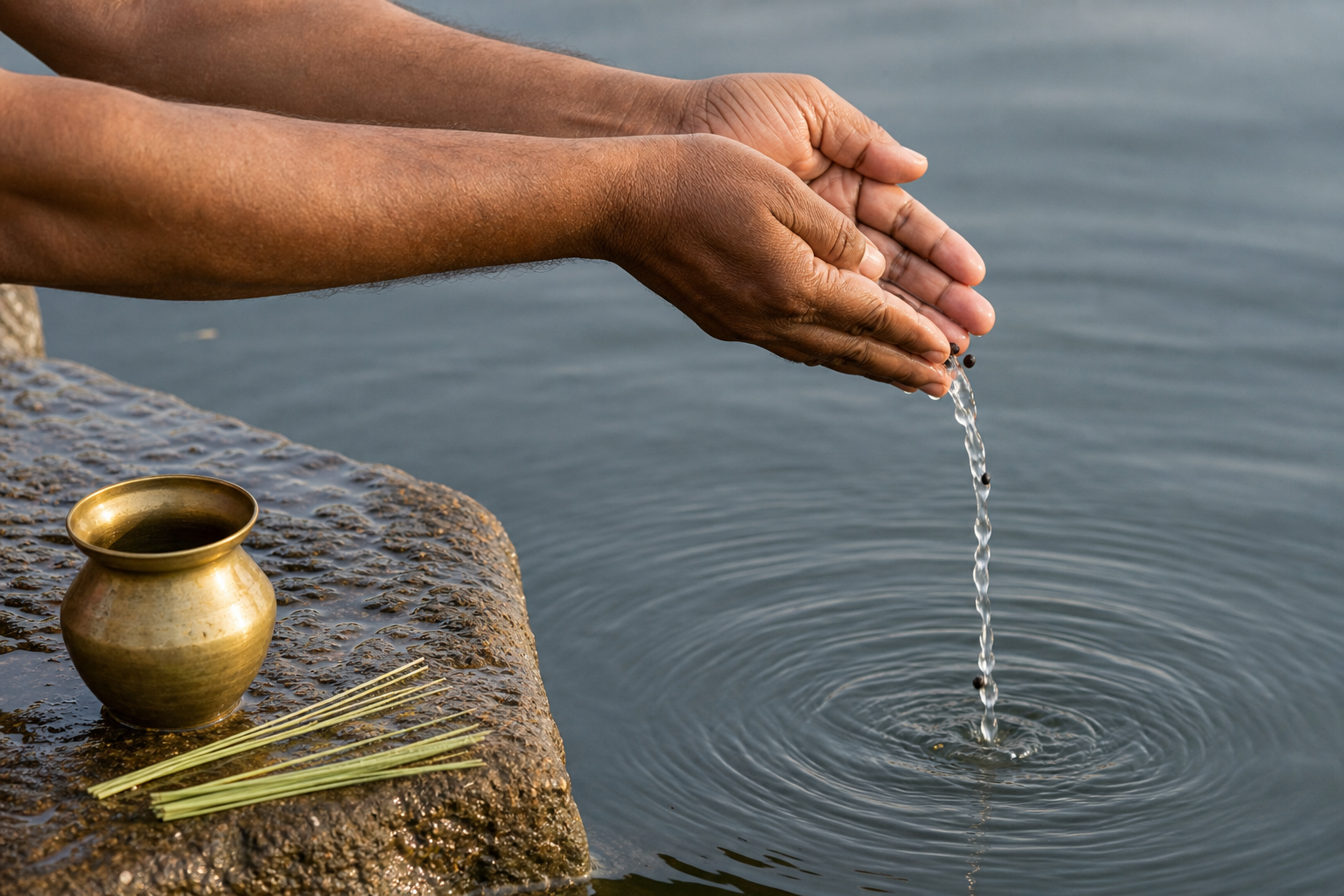 Joined hands pour water and black sesame seeds into a river beside a brass vessel and darbha grass.