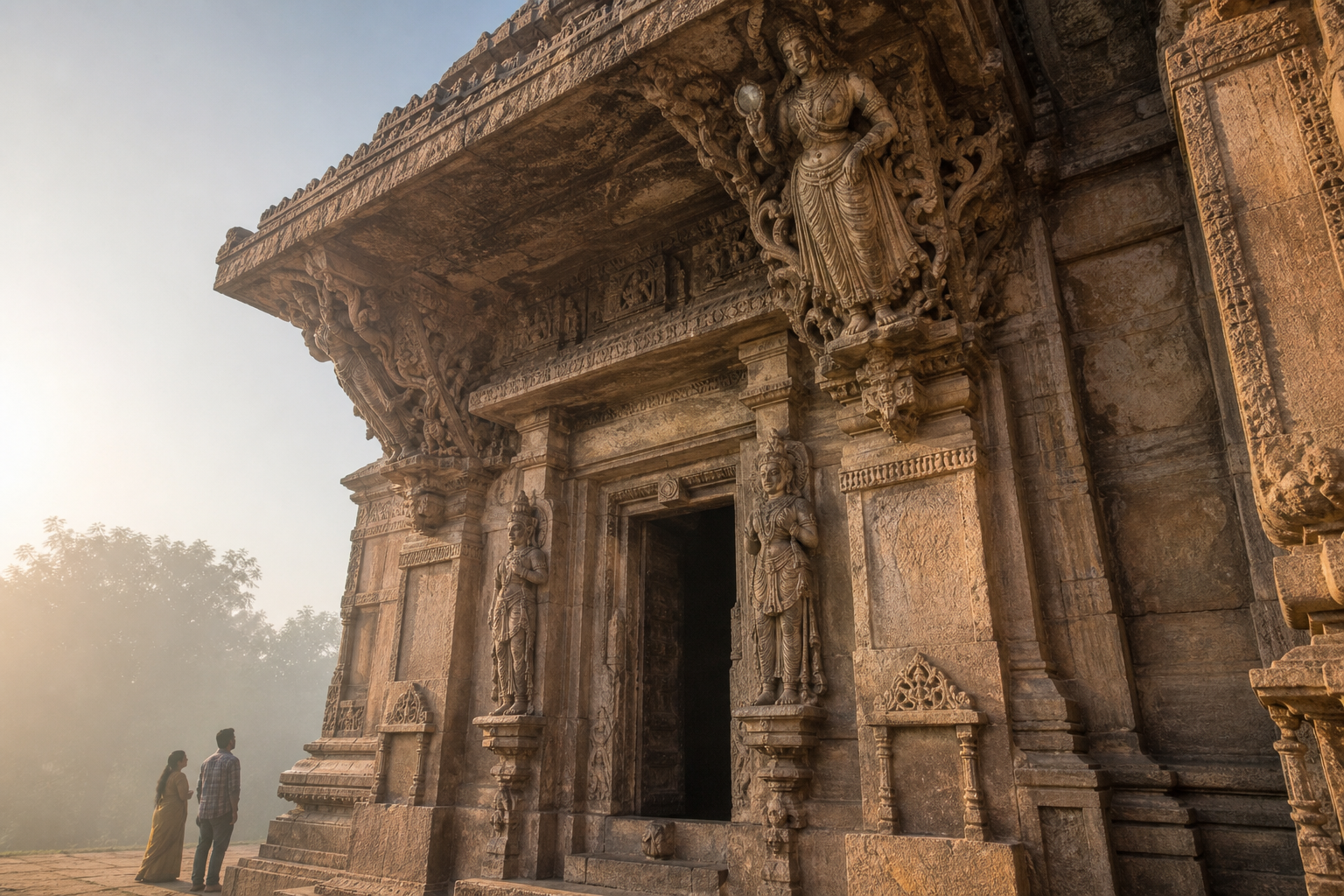 A mirror-bearing feminine figure is carved beneath the cornice of a stone temple above a shadowed sanctum entrance and two visitors.