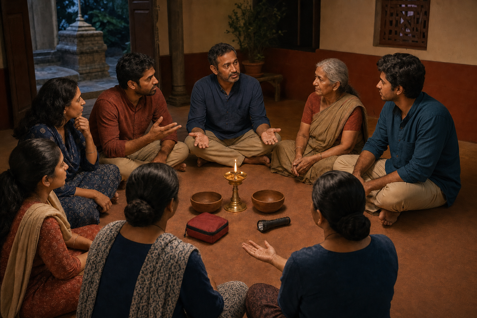 Residents sit in a discussion circle around an oil lamp and symbolic objects representing care, fairness, readiness, and restraint.