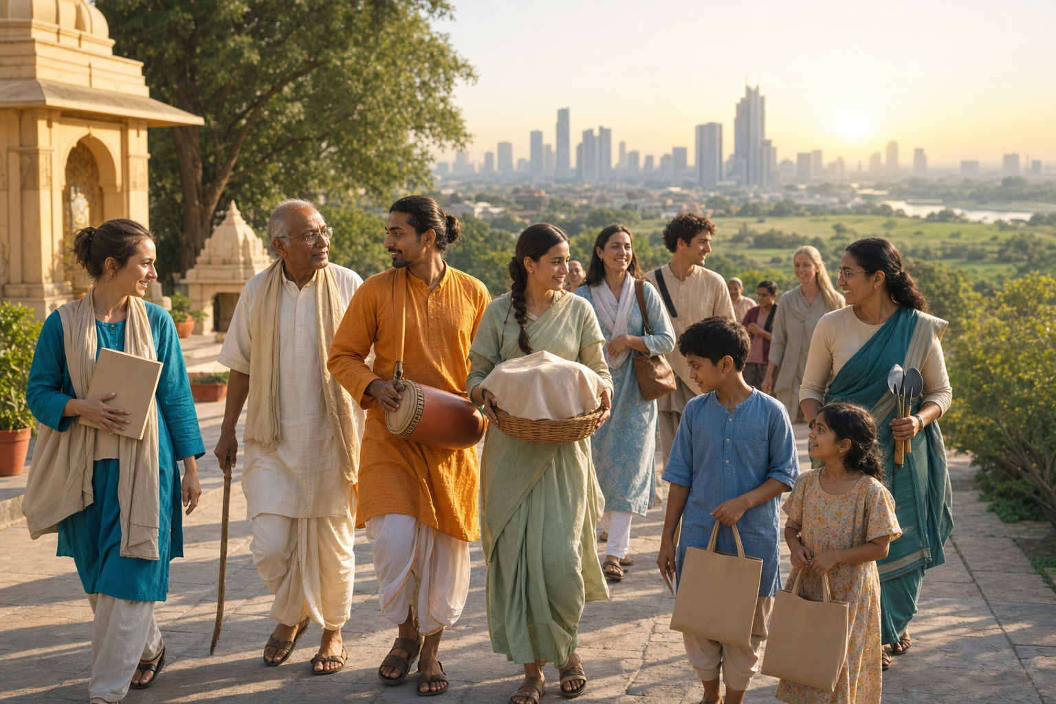 A multigenerational group carries books, musical instruments, food, and service supplies along a sunlit path leading from a temple toward a city.