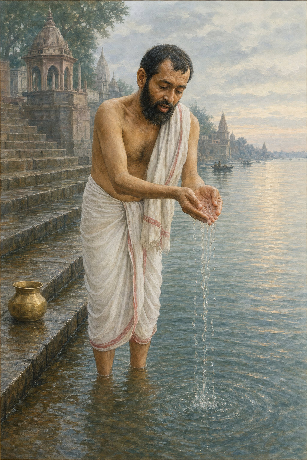 Sri Ramakrishna stands in shallow river water as an attempted offering slips through his loosely joined fingers.