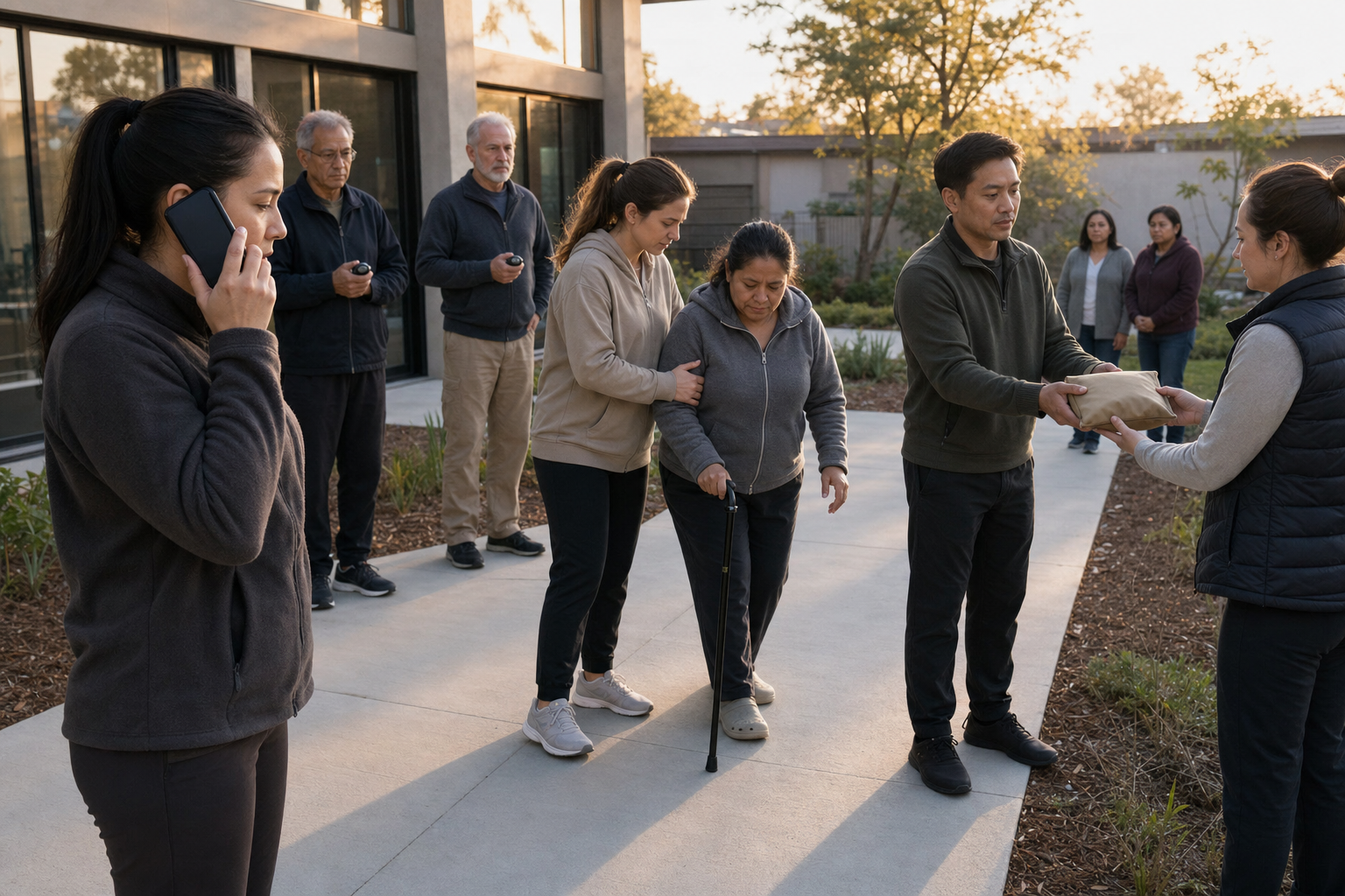 A small volunteer team practices receiving a call, assisting a resident with limited mobility, and delivering a first-aid pouch while observers watch.