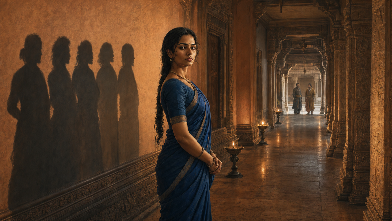 Draupadi disguised as the attendant Sairandhri stands in a lamplit palace corridor while five suggestive shadows fall behind her and distant courtiers hesitate.