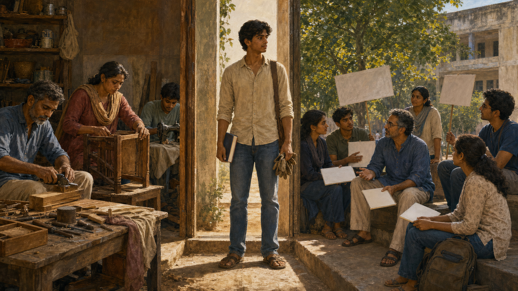 A young adult holding a book and a work glove stands between a family workshop and a campus discussion in a sunlit courtyard.