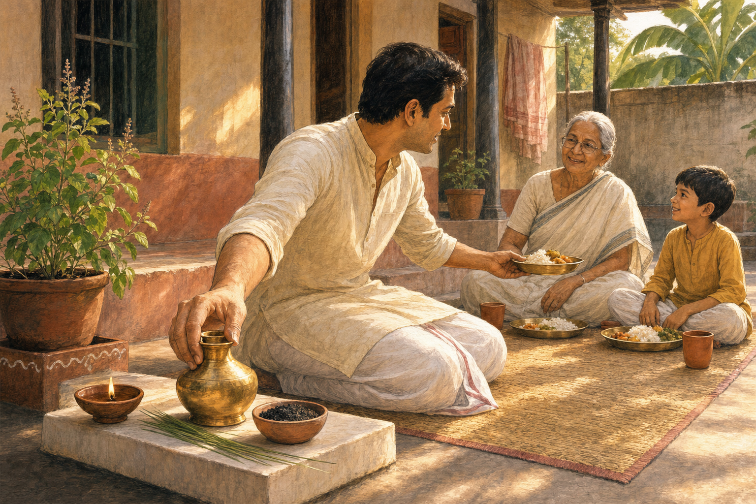 An adult places tarpana vessels beside an oil lamp and serves a meal to an elderly relative and a child in a family courtyard.