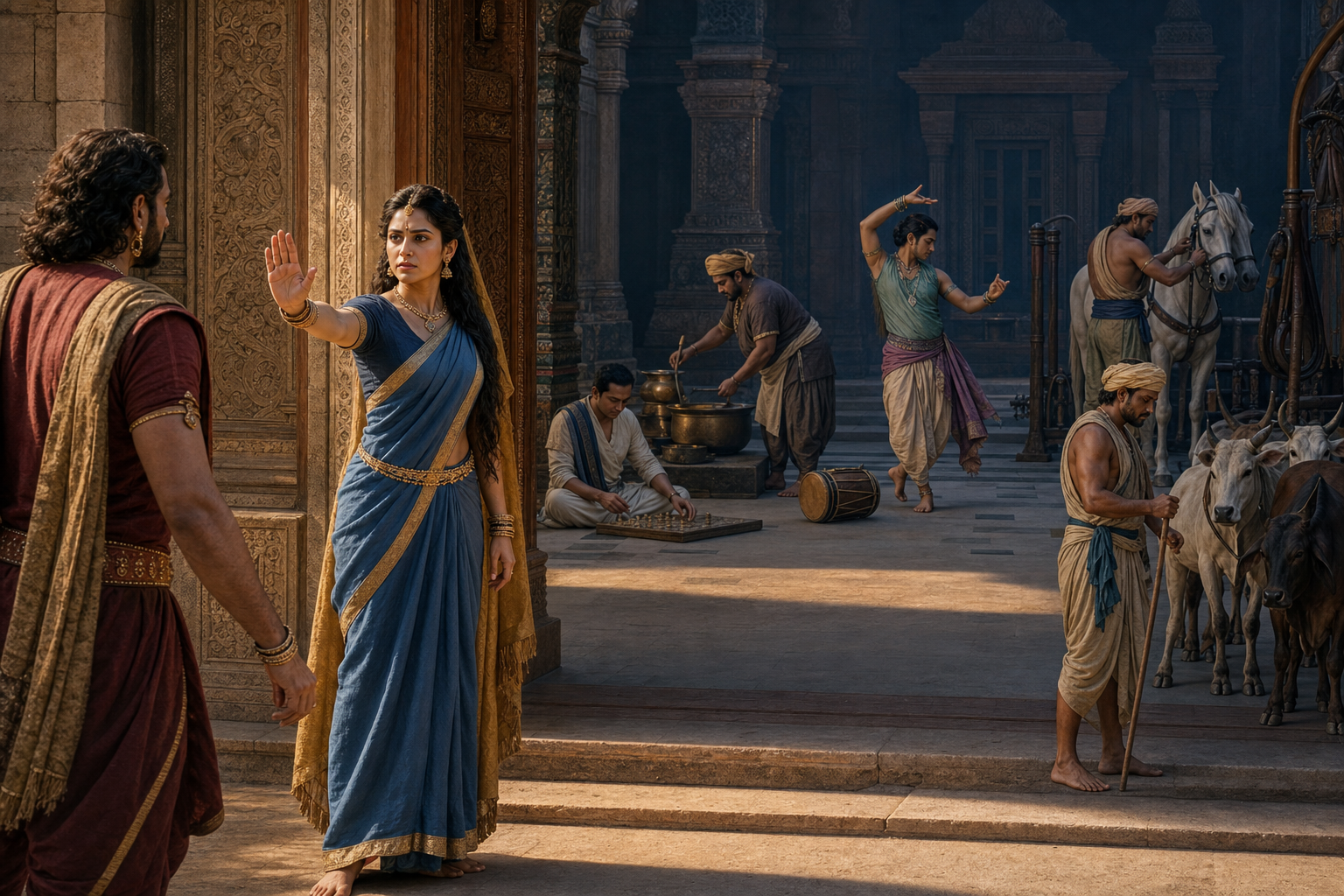 Sairandhri warns an approaching man at a palace doorway while five disguised Pandavas quietly perform separate court duties in the background.