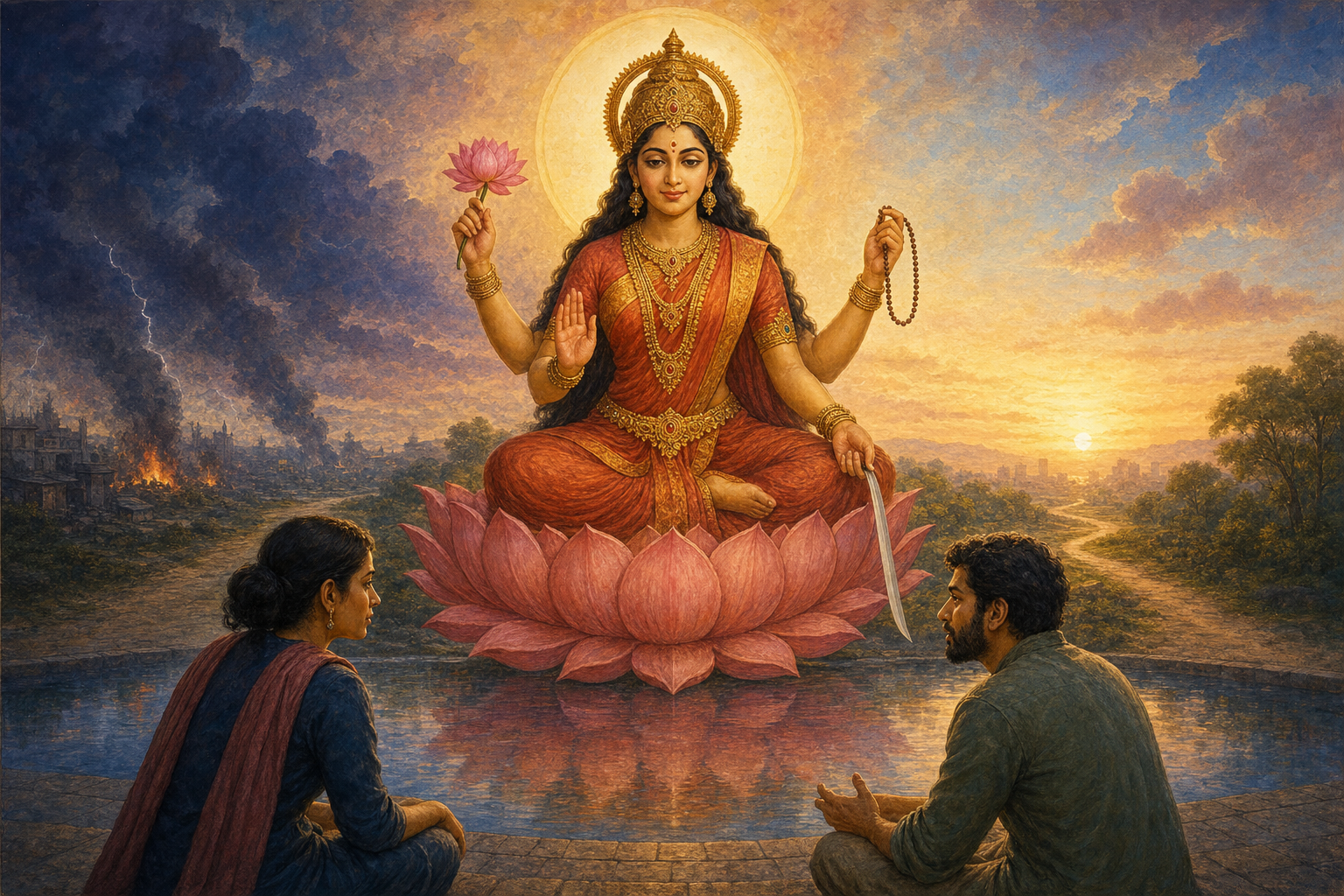 A multi-armed Goddess holding a lotus, lowered sword, prayer beads and an open protective hand above two people pausing in conversation.