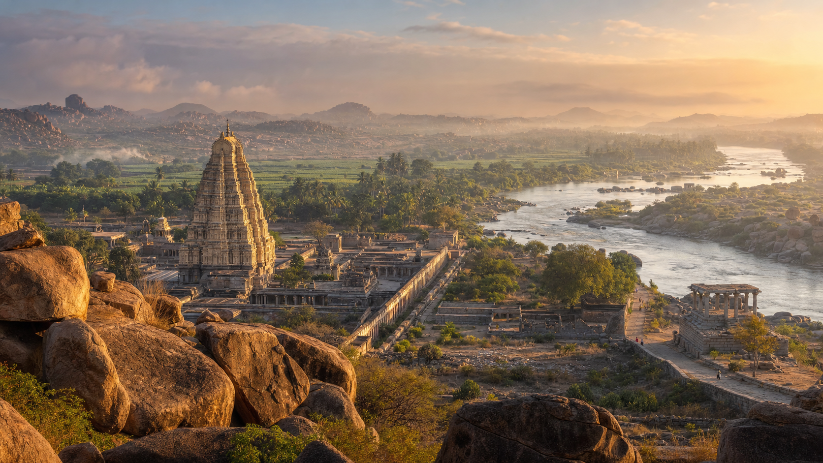 Panoramic dawn view of Hampi's granite boulders, Tungabhadra River, Virupaksha Temple, bazaar axis and surrounding ruins.