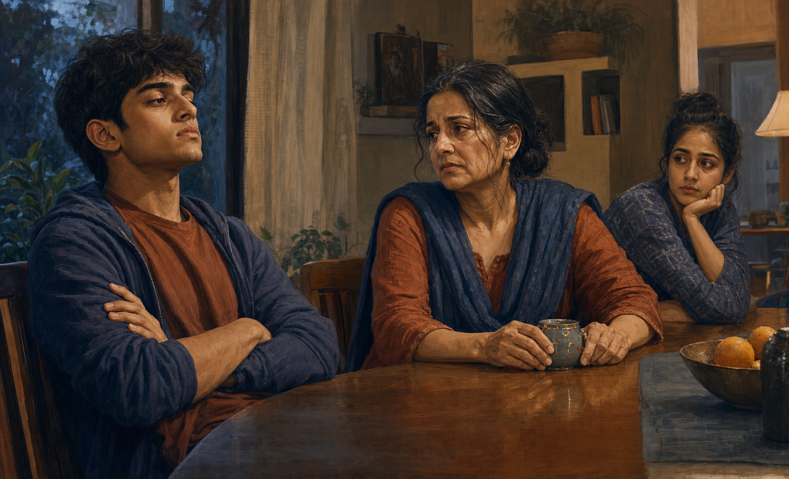 A student with folded arms sits across a dining table from a concerned parent whose worn hands rest beside a repaired household object.