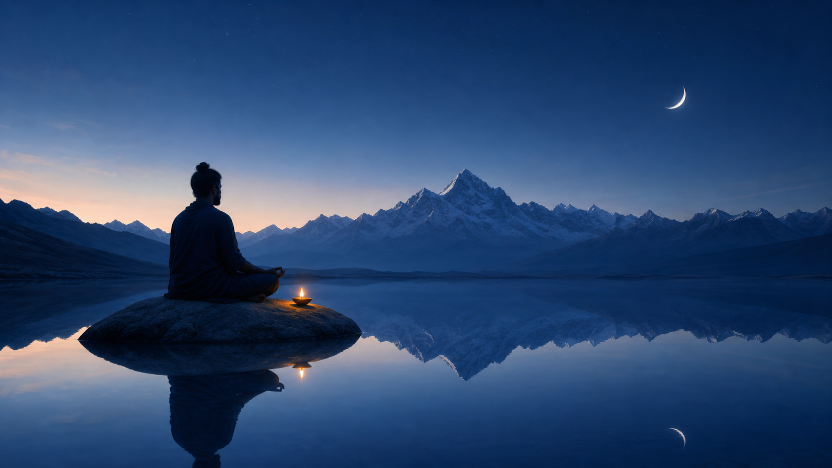 A person meditates beside a still mountain lake at dawn, with an oil lamp, a crescent moon, and dark Himalayan ridges reflected in the water.