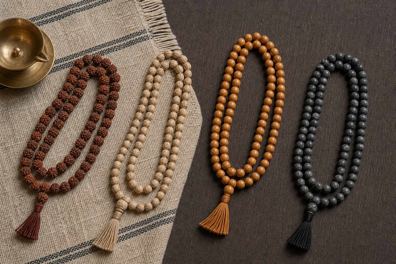 Four malas made from differently textured natural beads are arranged on cotton cloth beside a meditation mat and brass lamp.