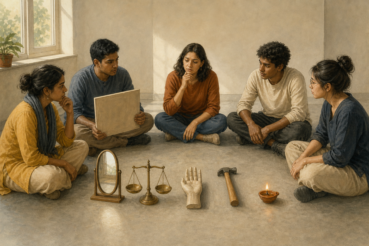 Five students thoughtfully examine a mirror, scales, an open hand, a tool, and an oil lamp arranged on the floor.