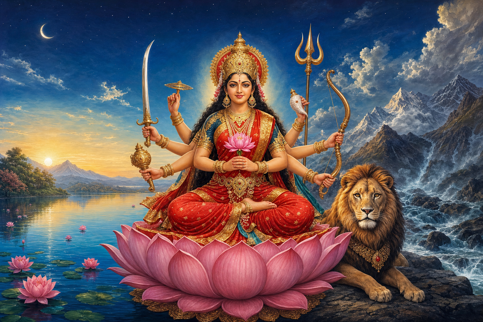 Durga sits on a lotus platform holding a pink lotus and several lowered weapons, with an alert lion beside her.
