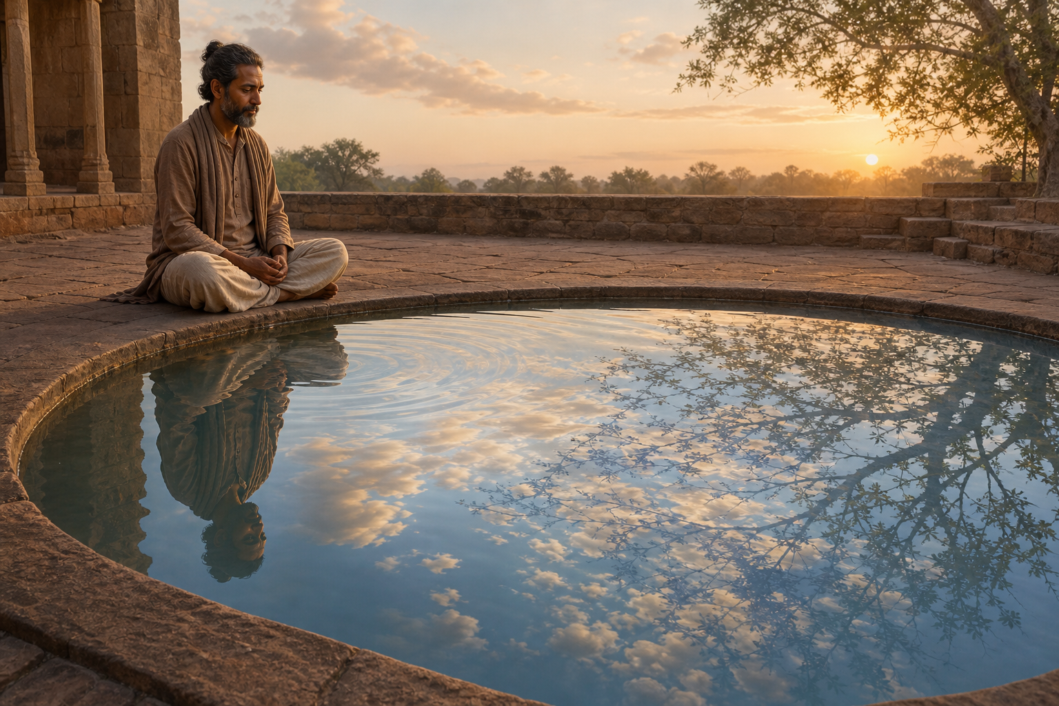 A seated meditator looks toward a circular courtyard pool where the person's reflection blends with reflected clouds, branches, and sky.