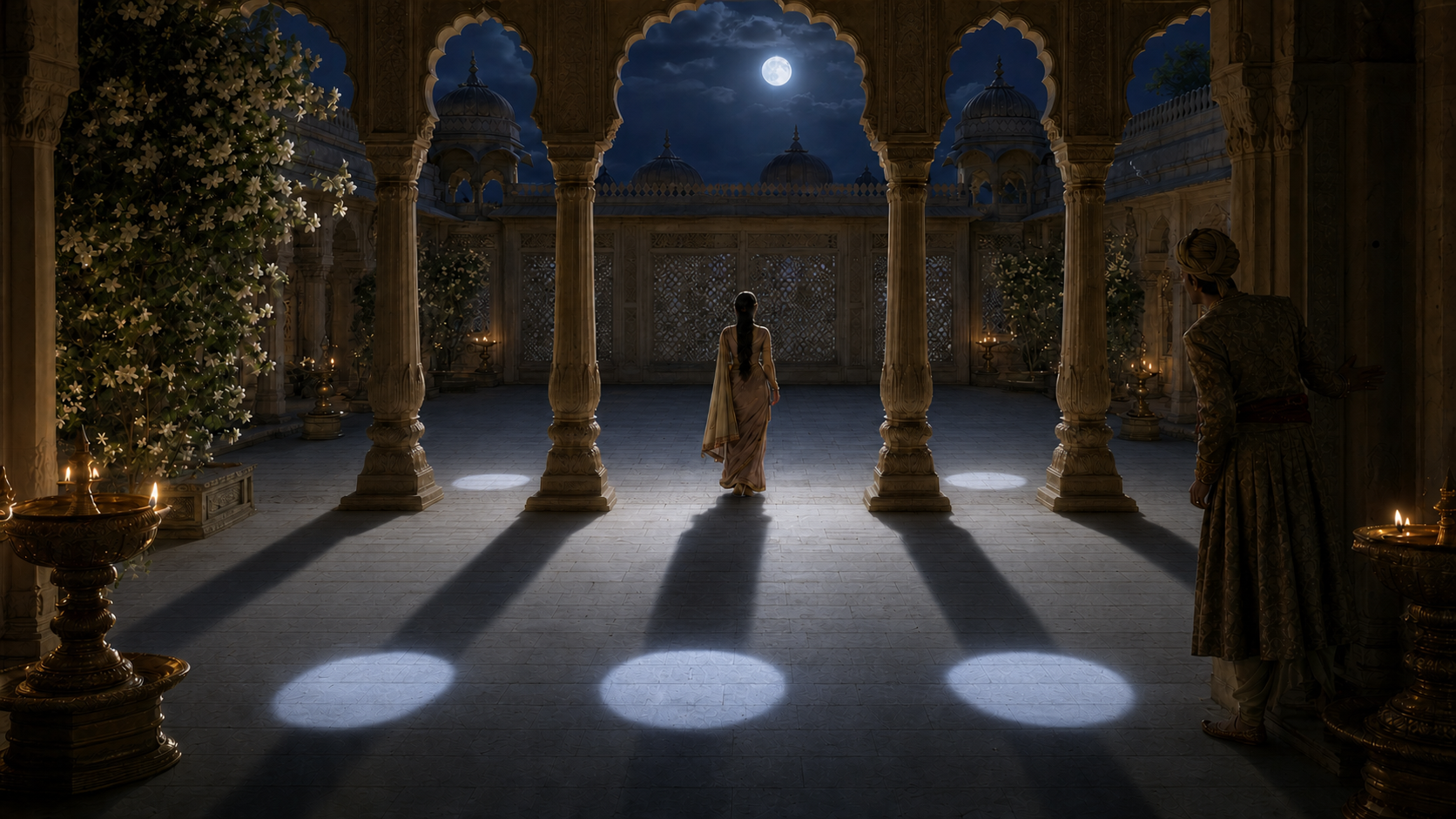 Sairandhri crosses a moonlit palace courtyard surrounded by empty pools of light and unexplained shadows as a wary courtier watches from a pillar.