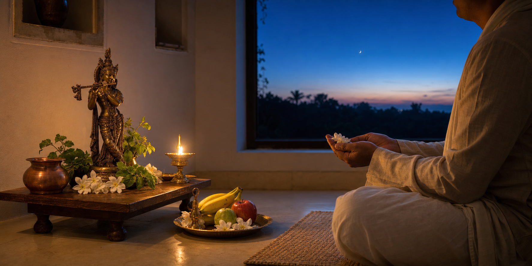 A devotee sits before a small Krishna altar with an oil lamp, copper vessel, tulsi leaves, flowers, and fruit as the pre-dawn sky begins to brighten.