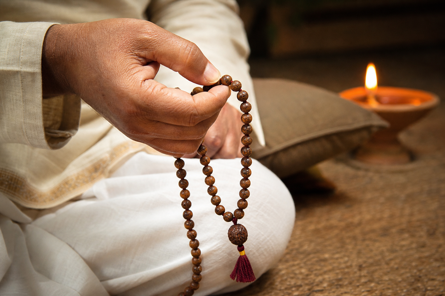 A seated practitioner uses a thumb to advance one bead on a japa mala while the larger guru bead hangs below the hand.