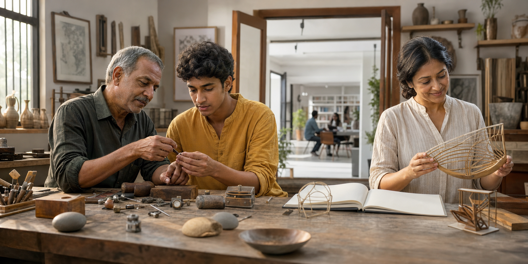 An older artisan teaches a young adult at a family workbench while a parent examines the young person's separate design prototype.