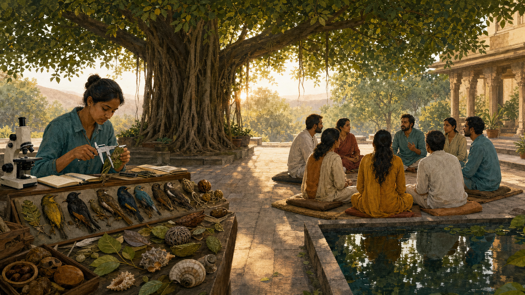 A field biologist examining natural specimens and a seated discussion circle occupy two connected areas beneath a large banyan tree at dawn.