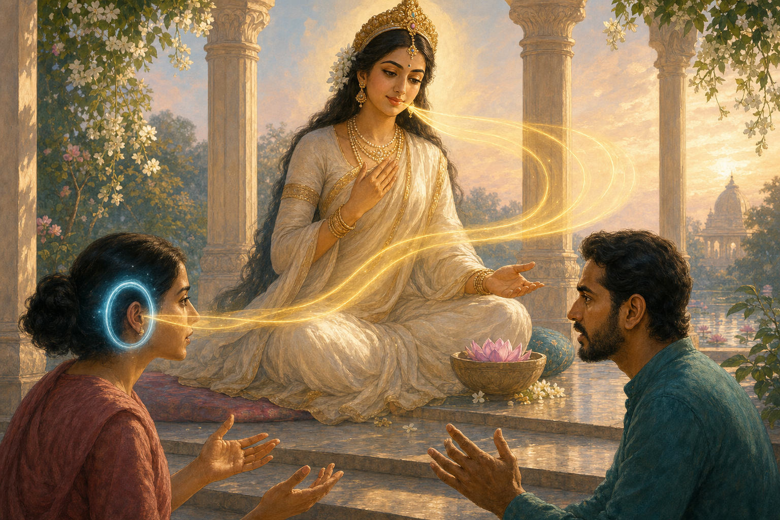 A serene goddess-like figure listens in an open pavilion as a ribbon of golden light flows toward two people in conversation.