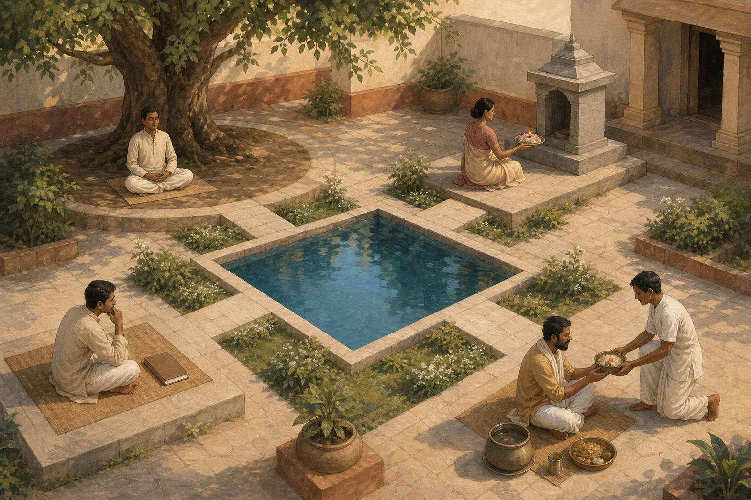 Four people meditate, make an offering, contemplate beside a closed book, and serve food in separate areas around a still courtyard pool.