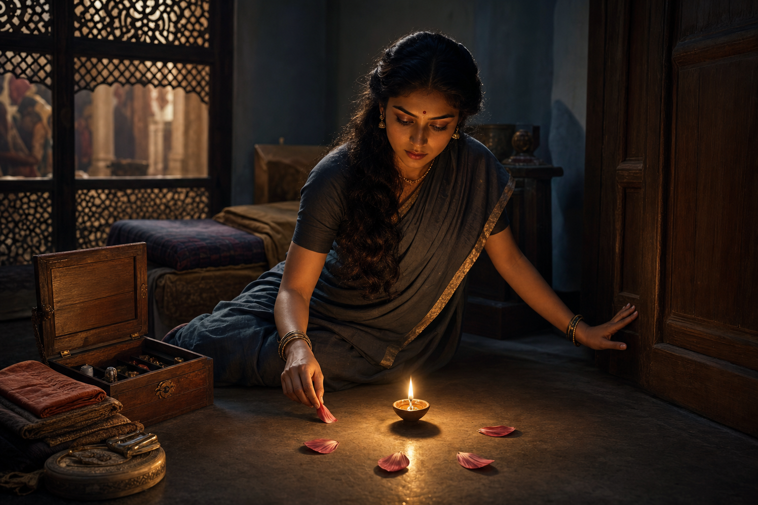 Draupadi disguised as Sairandhri sits beside an oil lamp and thoughtfully arranges five flower petals in a quiet palace chamber.