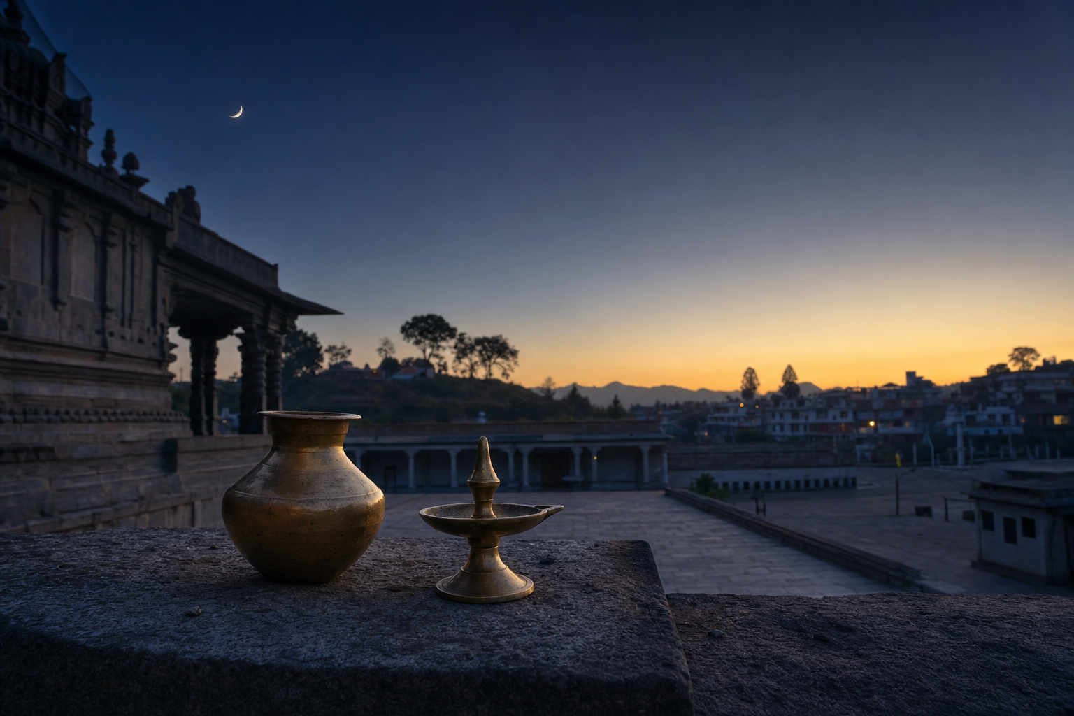 A waning moon hangs over a temple courtyard before sunrise, with a brass vessel and offering lamp waiting on a stone ledge.