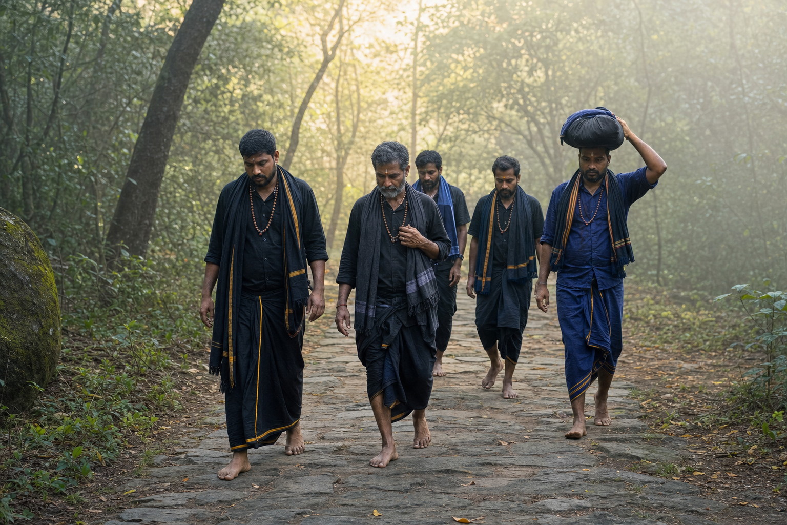 A small group of barefoot Ayyappa pilgrims wearing dark clothing and bead malas walks along a misty forest path at sunrise.