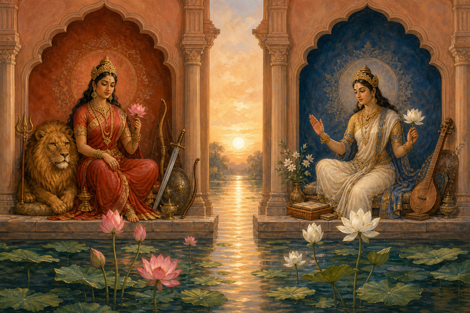 Two distinct Goddess figures sit in separate shrine alcoves above a shared pond filled with differently colored lotus blossoms.