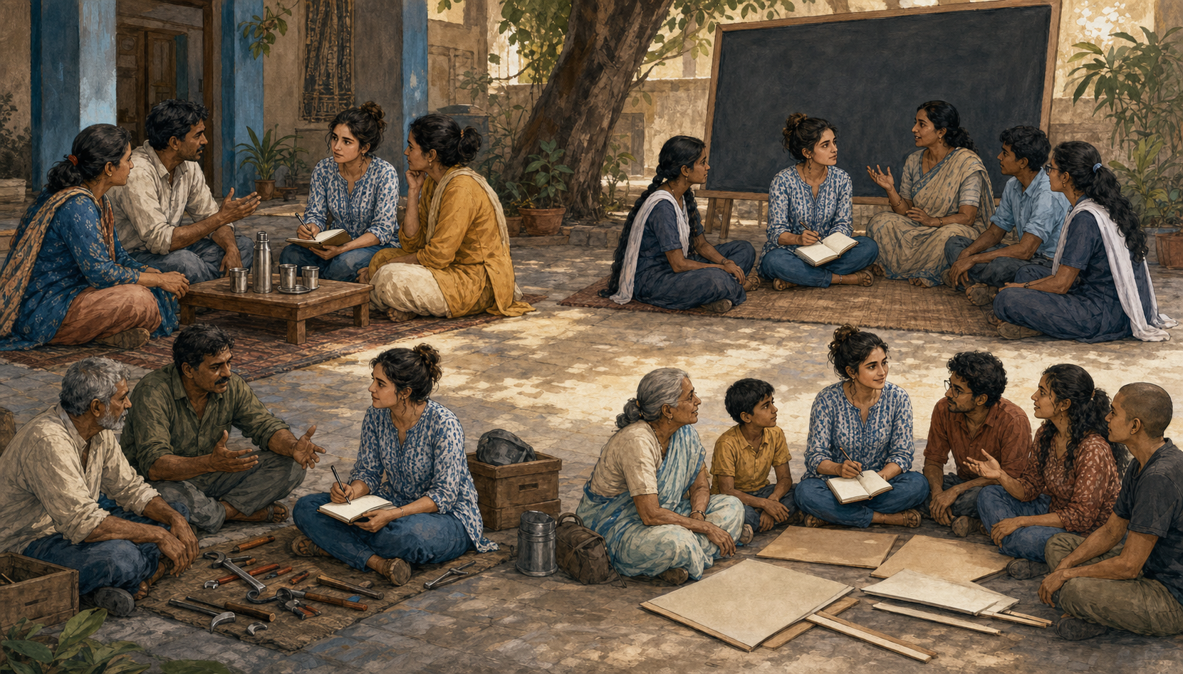 A young organizer listens in four small courtyard circles with family members, educators, workers, and a mixed-age civic group.