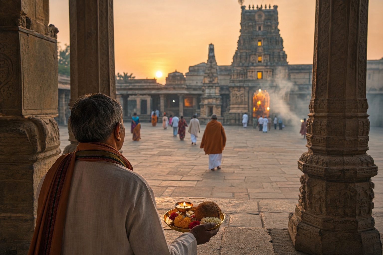 A pilgrim carrying flowers, a coconut, and an oil lamp enters a stone Hindu temple courtyard at dawn.