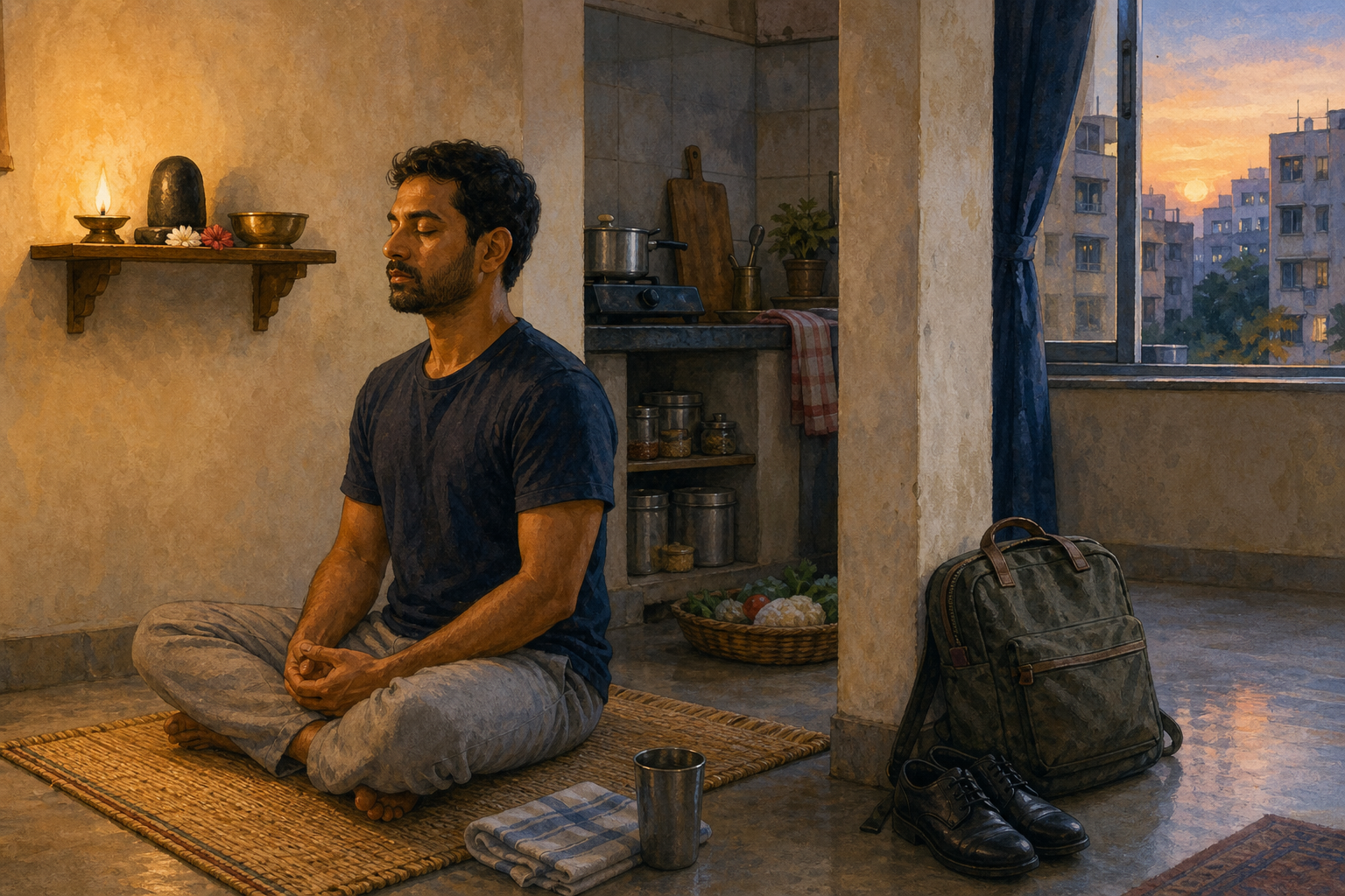 A person meditates on a woven mat in a modest apartment at dawn, beside a small lamp and everyday items prepared for the coming day.