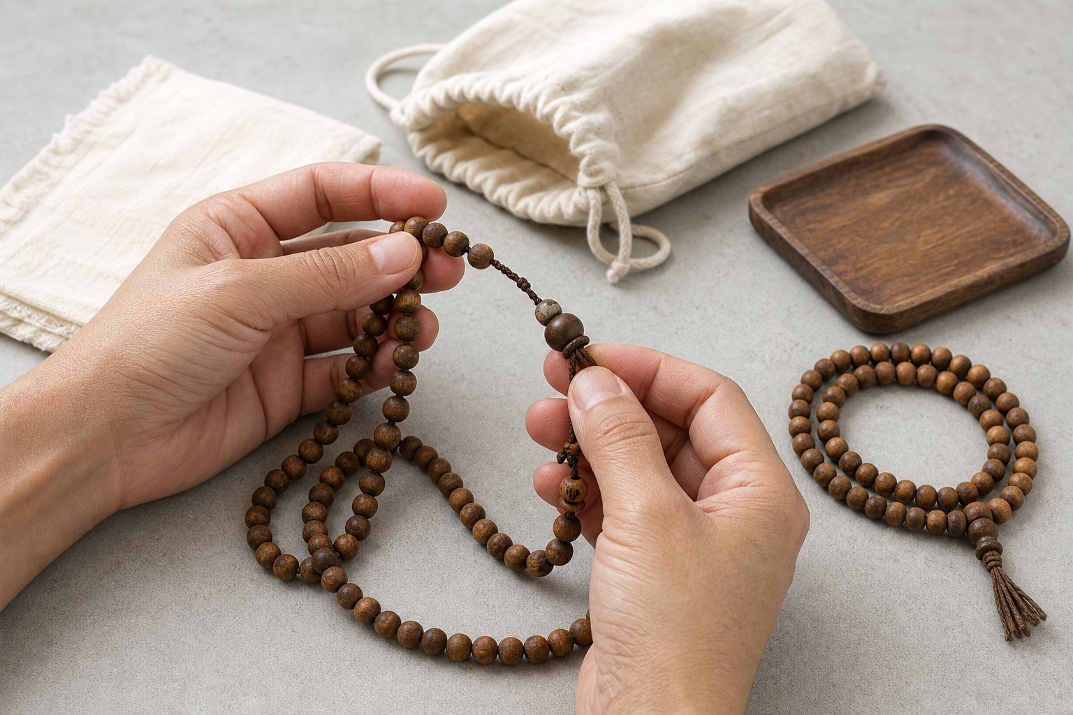 Hands inspect the knots and cord of a natural-bead mala beside a dry cotton cloth, wooden tray, and open cloth pouch.
