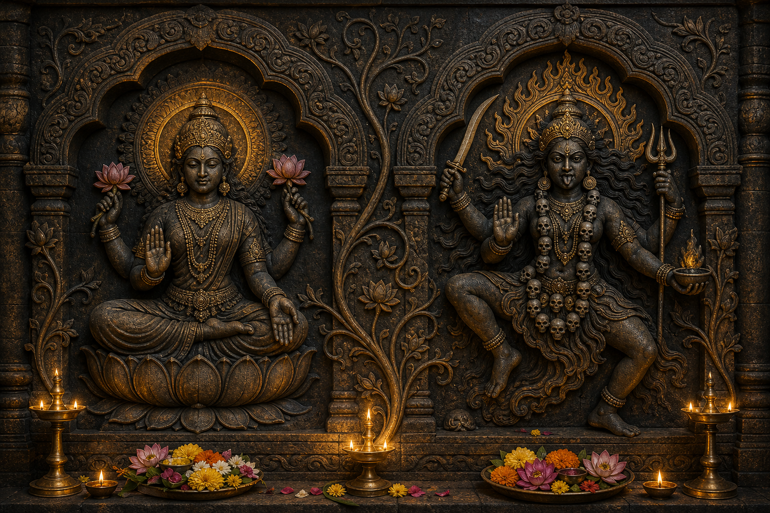 Serene and fierce goddess forms occupy adjacent basalt temple niches linked by carved vines, flower offerings, and oil-lamp light.