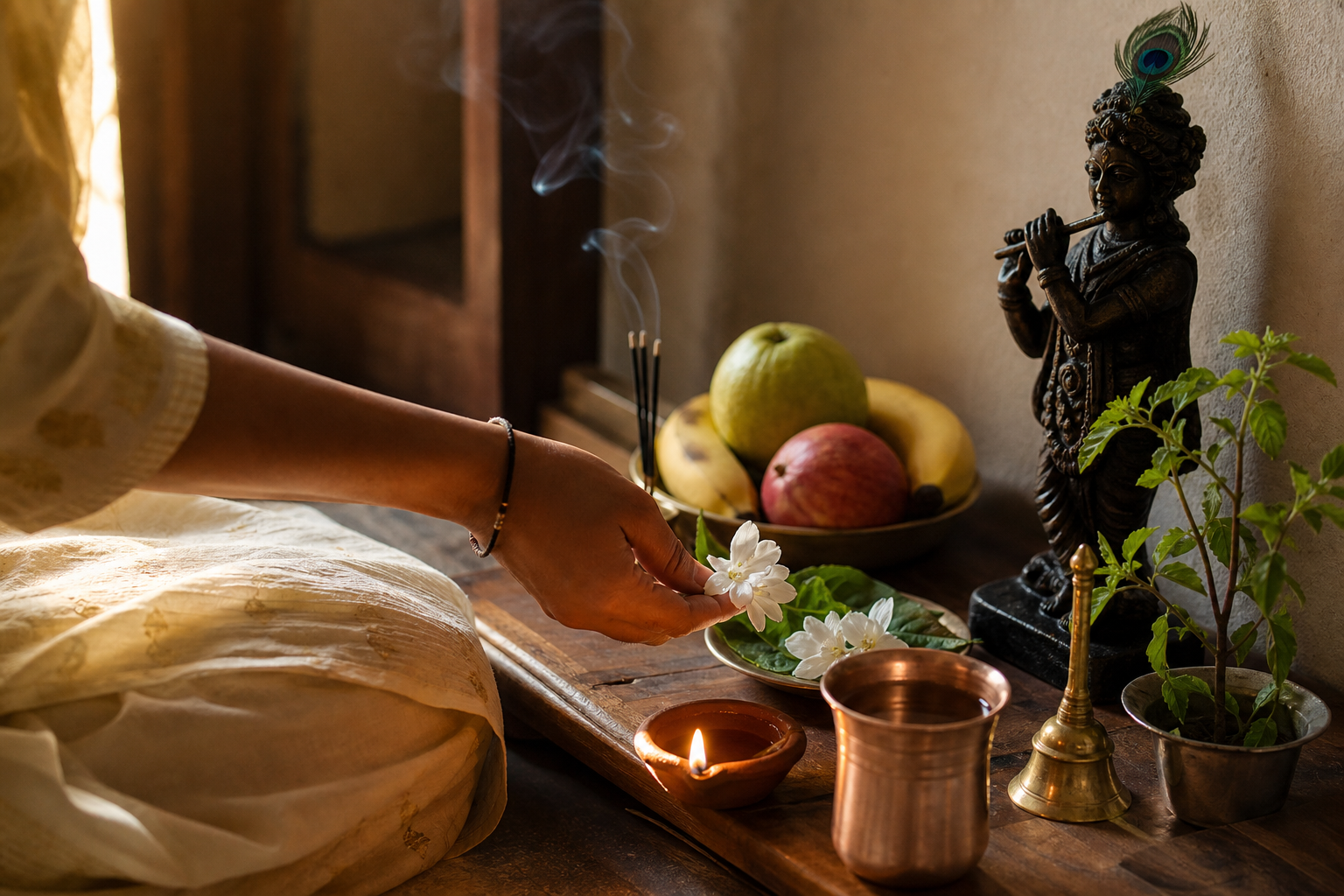 A devotee offers flowers at a simple home altar arranged with a diya, tulsi leaves, water, incense, a bell, and fruit.