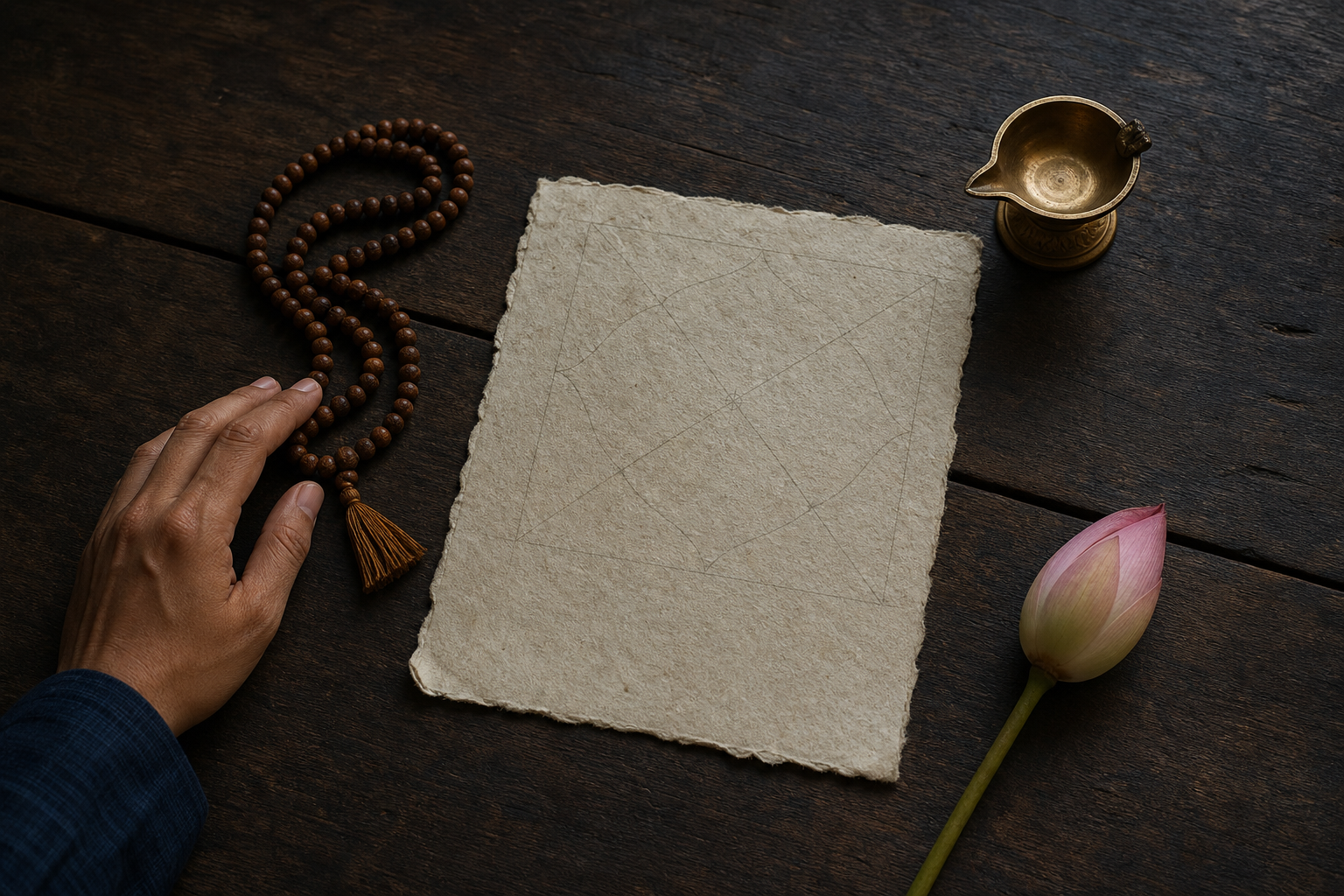 Prayer beads, a brass lamp, a lotus bud, and a faint geometric astrology diagram rest on a wooden table beside a calm hand.